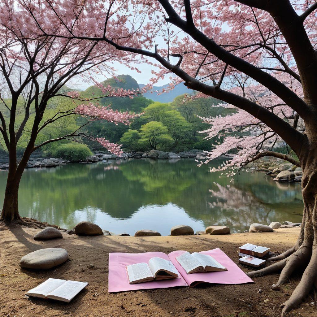 A serene landscape depicting a peaceful natural environment, blending elements of traditional Korean culture with modern influences, featuring a calm river, cherry blossom trees, and people engaged in mindfulness activities like meditation and yoga. Include visual representations of psychological resources such as books and tools subtly integrated into the scenery, symbolizing mental wellness and exploration. The atmosphere should emanate tranquility and hope. vibrant colors. super-realistic.