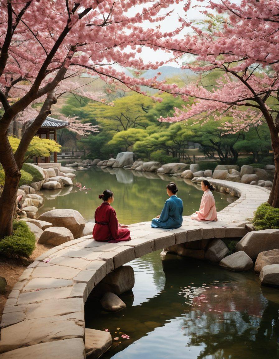 A serene landscape depicting a group therapy session in a tranquil Korean garden, surrounded by cherry blossom trees and traditional architecture. Include diverse individuals engaging in a supportive conversation, showcasing emotional healing and community bonding. Add elements of nature and cultural symbols to enhance the peaceful atmosphere. super-realistic. vibrant colors. soft focus.