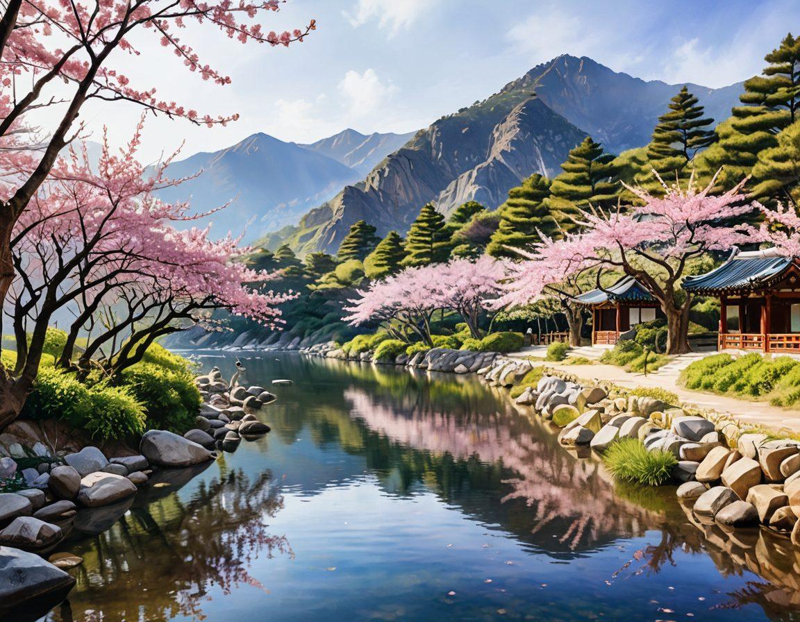 A serene Korean landscape featuring traditional elements like cherry blossoms and a tranquil water stream, surrounded by mountains. In the foreground, a group of diverse individuals engaged in mindfulness activities, reflecting mental wellness, harmony, and community. Soft sunlight filtering through the leaves, casting gentle shadows, creating a peaceful atmosphere. Watercolor style with vibrant colors and a dreamy effect.